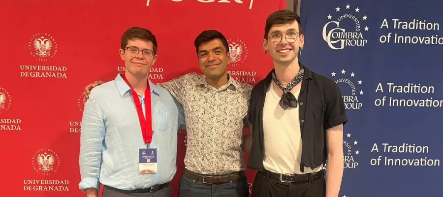PhD student Lokesh Jain, centre, with two other students winning the prestigious Coimbra Group Three-Minute Thesis Competition