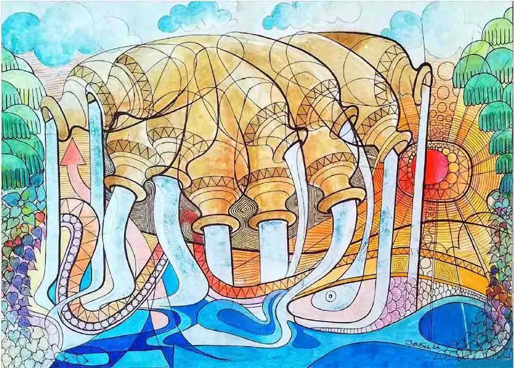 A colourful artwork showing 11 posts pouring into water.