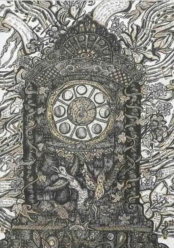 A drawn artwork of a father clock showing the phases of a moon, covered in branches.