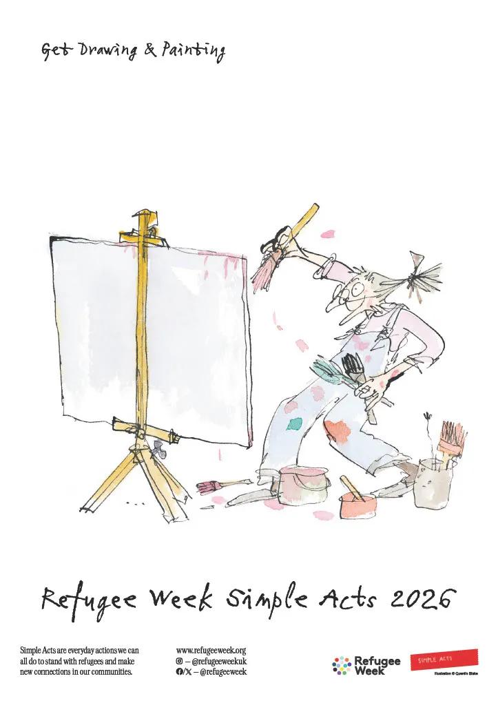 A drawing of a person painting a picture. The Refugee Week logo and other supporting text are surrounding the drawing.