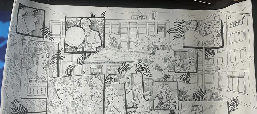 A pencil drawing showing buildings and people.
