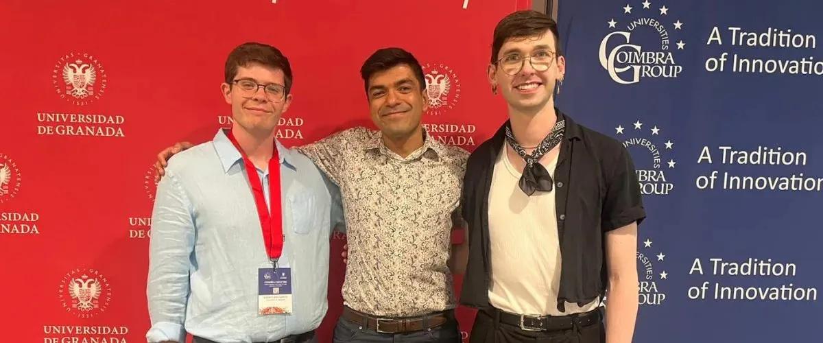 PhD student Lokesh Jain, centre, between two other students who won theprestigious Coimbra Group Three-Minute Thesis Competition